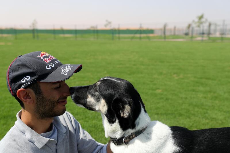 Ras Al Khaimah, United Arab Emirates - March 28th, 2018: Barney (the dog) with Karam George. A dog park will be opening soon in RAK by Ras Al Khaimah Animal Welfare Centre. They are also organising a three-month campaign to treat and rehome stray cats and dogs in the emirate. Wednesday, March 28th, 2018. Animal Welfare Centre, Ras Al Khaimah. Chris Whiteoak / The National