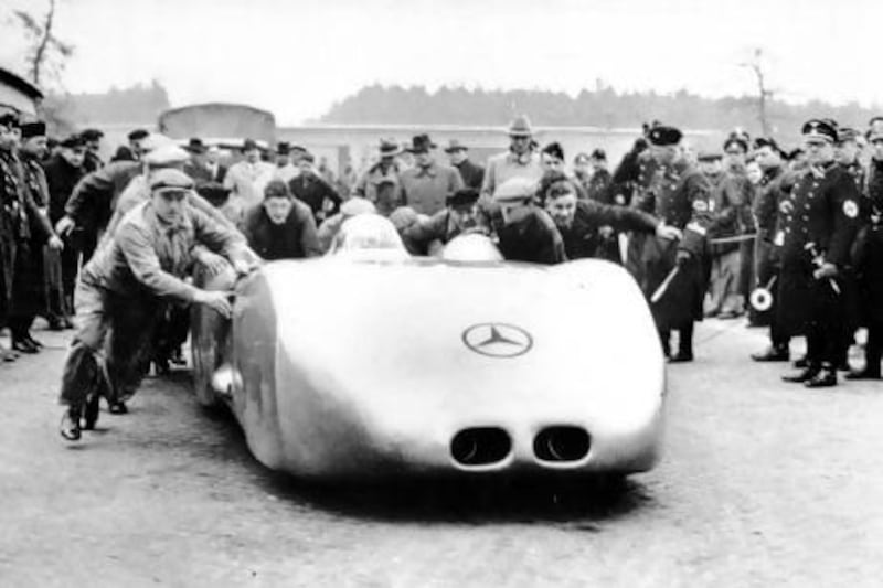 The W125 Rekordwagen in 1938. Visitors to the Mercedes-Benz Museum in Germany can see the actual car on a dramatic wall display. Courtesy of Daimler