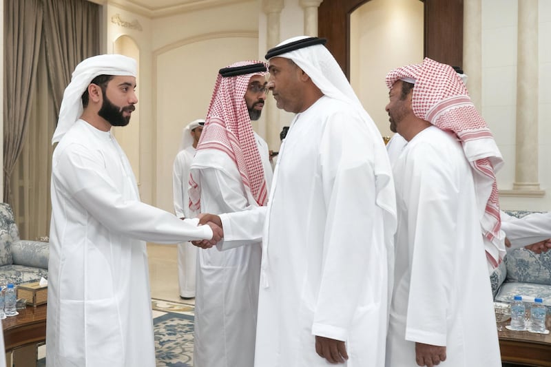 ABU DHABI, UNITED ARAB EMIRATES - November 20, 2019: HH Dr Sheikh Hazza bin Sultan bin Zayed Al Nahyan (L) and HH Sheikh Tahnoon bin Zayed Al Nahyan, UAE National Security Advisor (2nd L), receive mourners who are offering condolences on the passing of the late HH Sheikh Sultan bin Zayed Al Nahyan, at Al Mushrif Palace.


( Rashed Al Mansoori / Ministry of Presidential Affairs )
---