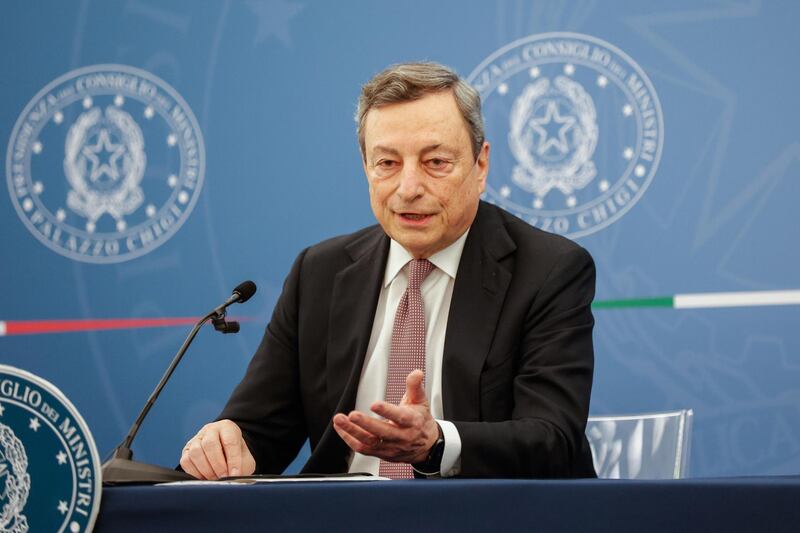 epa09283907 Italian Premier Mario Draghi during a press conference at Chigi Palace, Rome, Italy, 18 June 2021. 'Despite all the confusion, it is extraordinary how the Italian population does not show the intention to decrease vaccination and not to vaccinate, it is extraordinary. Compared to other countries, it is one of the most admirable behaviors, letâ€™s remember it", Draghi said.  EPA/GIUSEPPE LAMI