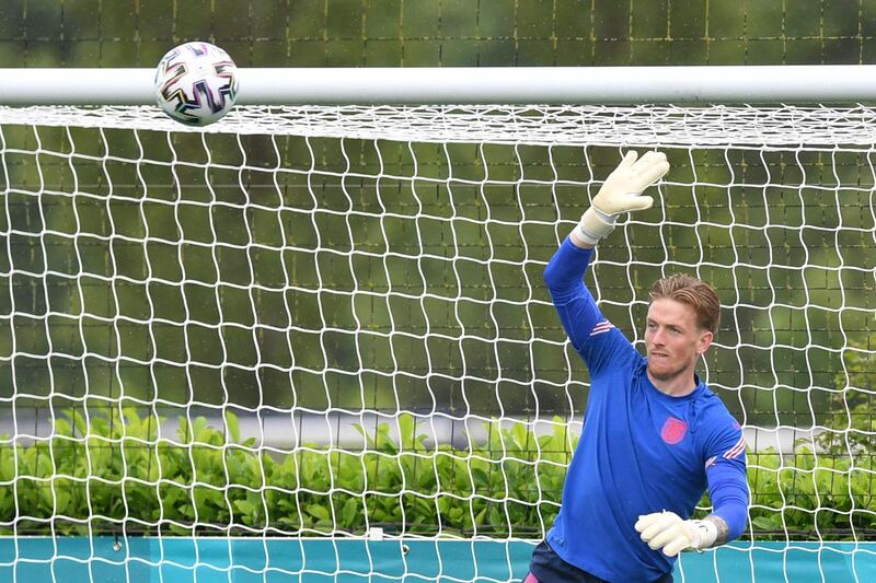 England's goalkeeper Jordan Pickford trains in London on Monday. AFP