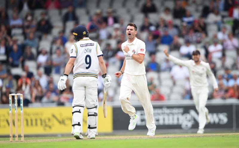 MANCHESTER, ENGLAND - JULY 22: James Anderson of Lancashire celebrates as he gets Adam Lyth of Yorkshire out during the Specsavers Championship Division One match between Lancashire and Yorkshire at Old Trafford on July 22, 2018 in Manchester, England. (Photo by Nathan Stirk/Getty Images)