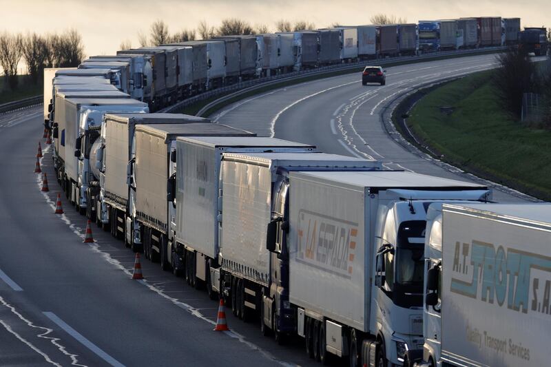 Trucks queue on the A26 highway in Nort-Leulinghem, near Calais, northern France, as Britain prepares to leave the European Union. Reuters