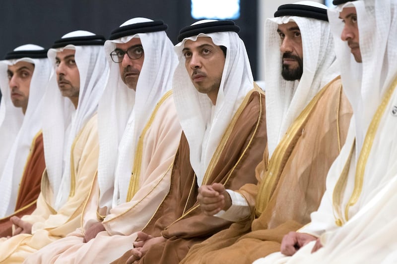 ABU DHABI, UNITED ARAB EMIRATES - June 04, 2019: (R-L) HH Sheikh Hazza bin Zayed Al Nahyan, Vice Chairman of the Abu Dhabi Executive Council, HH Sheikh Nahyan Bin Zayed Al Nahyan, Chairman of the Board of Trustees of Zayed bin Sultan Al Nahyan Charitable and Humanitarian Foundation, HH Sheikh Mansour bin Zayed Al Nahyan, UAE Deputy Prime Minister and Minister of Presidential Affairs, HH Sheikh Hamed bin Zayed Al Nahyan, Chairman of the Crown Prince Court of Abu Dhabi and Abu Dhabi Executive Council Member, HH Sheikh Omar bin Zayed Al Nahyan, Deputy Chairman of the Board of Trustees of Zayed bin Sultan Al Nahyan Charitable and Humanitarian Foundation and HH Sheikh Khaled bin Zayed Al Nahyan, Chairman of the Board of Zayed Higher Organization for Humanitarian Care and Special Needs (ZHO), 


attend Eid Al Fitr prayers at the Sheikh Sultan bin Zayed the First mosque in Al Bateen. 

( Rashed Al Mansoori / Ministry of Presidential Affairs )
---