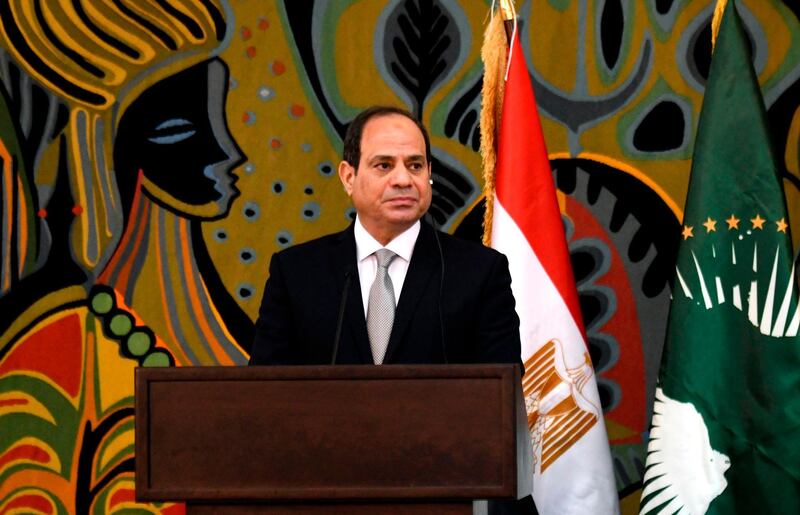 Egypt's President and current Chairperson of the African Union, Abdel Fattah al-Sisi, takes part in a joint press conference with Senegalese President at the Presidential Palace in Dakar for an official visit on April 12, 2019.  / AFP / SEYLLOU
