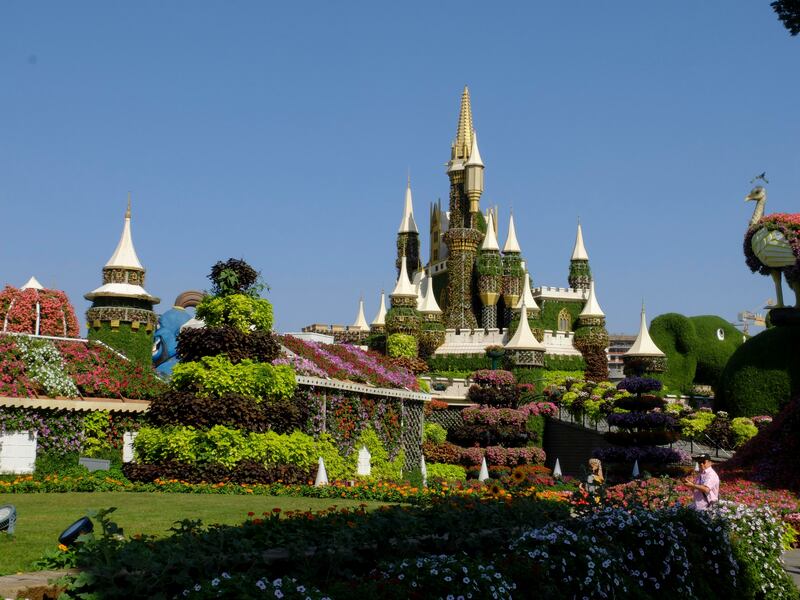 An impressive fairy tale-style castle at Dubai Miracle Garden. 