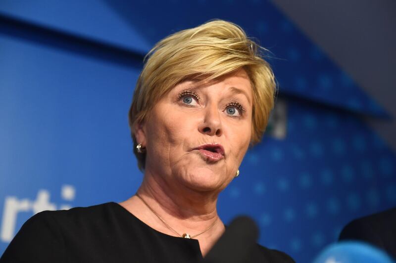 Leader of Norway's populist Progress party (Fremskritspartiet) Siv Jensen adresses the media in Oslo, Norway on January 20, 2020.
 Norway's populist Progress Party said on January 20, 2020 it was leaving the right-wing coalition government over the repatriation of a jihadist fighter's spouse and her two children last week.
 - Norway OUT
 / AFP / NTB Scanpix / Fredrik Varfjell
