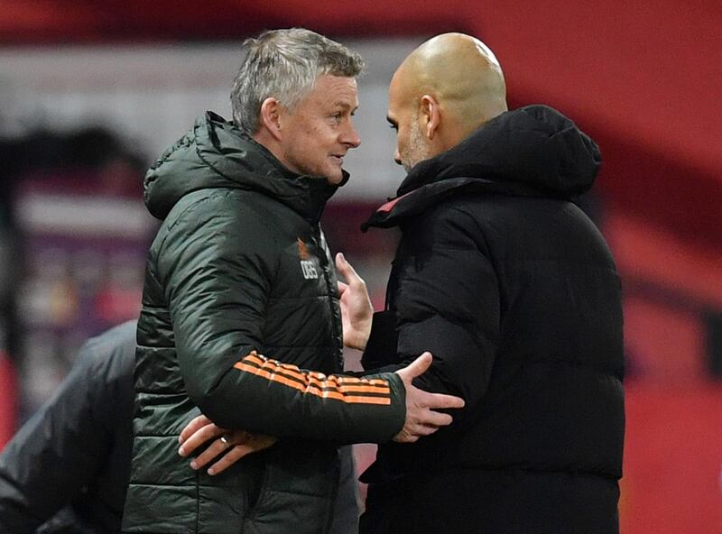 United manager Ole Gunnar Solskjaer with City's Pep Guardiola after the match. Reuters