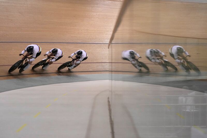 Team Australia competes during a men’s qualifying round at the UCI track cycling championship in Jakarta, Indonesia. AP