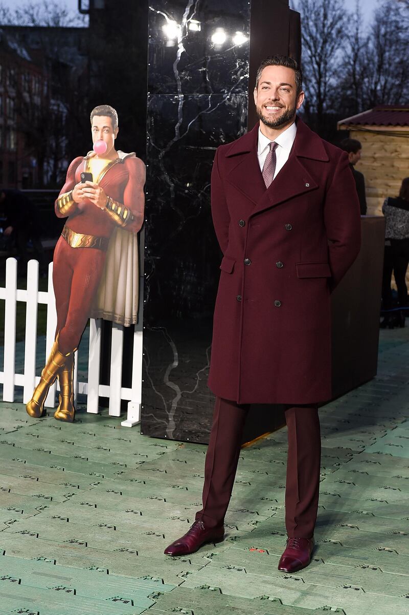 LONDON, ENGLAND - MARCH 20: Zachary Levi attends the launch of the DC 'Shazam' Fun Fair photocall at Bernie Spain Gardens South Bank on March 20, 2019 in London, England.  (Photo by Tabatha Fireman/Getty Images)