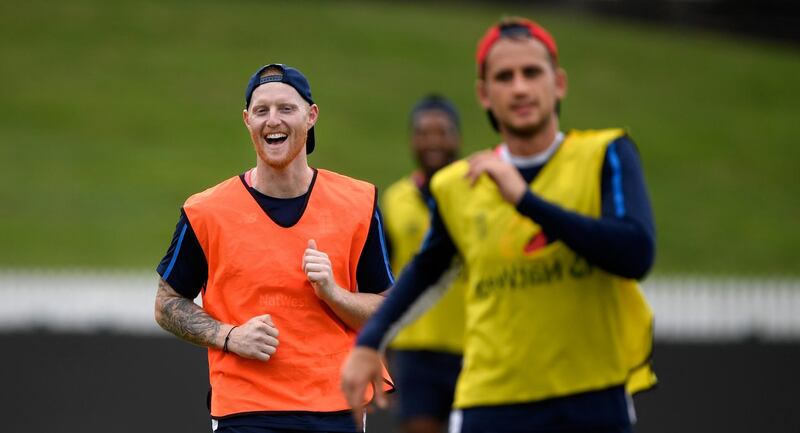 HAMILTON, NEW ZEALAND - FEBRUARY 17:  England player Ben Stokes (orange bib) enjoys a joke with team mates during England Cricket nets at Seddon park ahead of their T2O match against New Zealand Black Caps on February 17, 2018 in Hamilton, New Zealand.  (Photo by Stu Forster/Getty Images)