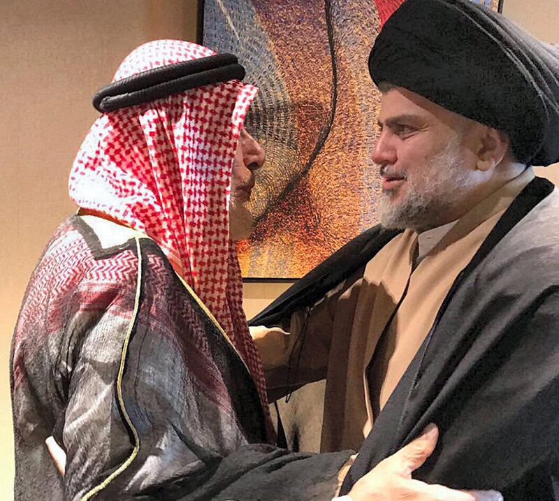 Iraqi Shiite cleric Moqtada Al Sadr meets with Sheikh Ahmed Al Kubaisi in Abu Dhabi (credit Moqtada Al Sadr’s office)