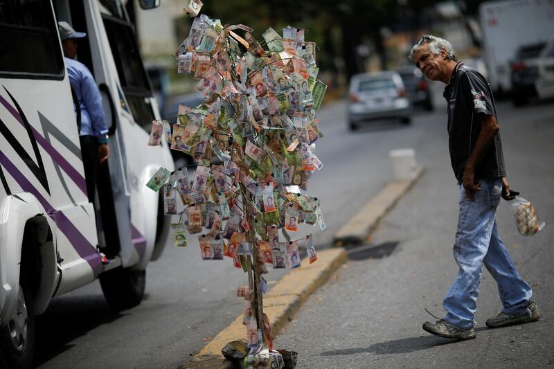 A man looks at Venezuelan bolivar notes hung to resemble a tree, in Caracas, Venezuela. REUTERS