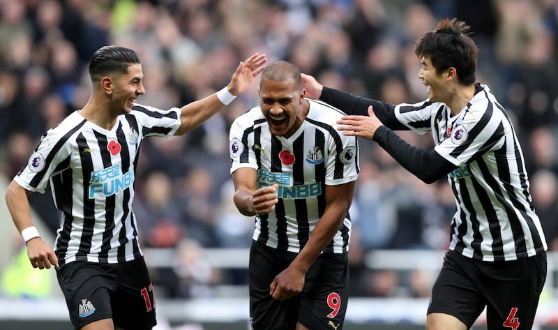 Soccer Football - Premier League - Newcastle United v AFC Bournemouth - St James' Park, Newcastle, Britain - November 10, 2018  Newcastle United's Salomon Rondon celebrates scoring their first goal with Ki Sung-yueng and Ayoze Perez     REUTERS/Scott Heppell  EDITORIAL USE ONLY. No use with unauthorized audio, video, data, fixture lists, club/league logos or "live" services. Online in-match use limited to 75 images, no video emulation. No use in betting, games or single club/league/player publications.  Please contact your account representative for further details.     TPX IMAGES OF THE DAY