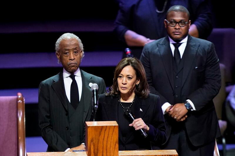 Vice President Kamala Harris speaks during the funeral of Tyre Nichols, whose death at the hands of police in Memphis, Tennessee, sparked nationwide outrage. AP