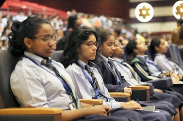 Pupils close their eyes and take deep breaths to reduce stress and anxiety before their English board exam at Indian High School in Dubai, a CBSE-affiliated school, in February 2020. Pawan Singh / The National