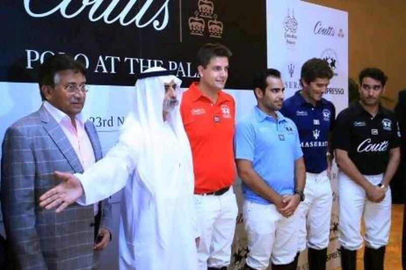 Sheikh Nahyan bin Mubarak makes a gesture at the draw ceremony of the City Polo Series which was attended by Pervez Musharraf, the former Pakistan president, and the four captains.