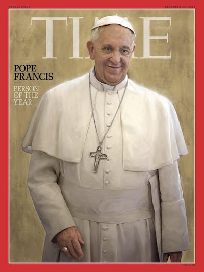 This image obtained December 11, 2013 courtesy of TIME Magazine shows the 2013 Person of the Year cover with Pope Francis. Time magazine on Wednesday named Pope Francis its person of the year, saying that in nine months in office the head of the Catholic Church had become a new voice of conscience. "For pulling the papacy out of the palace and into the streets, for committing the world's largest church to confronting its deepest needs and for balancing judgment with mercy, Pope Francis is TIME's 2013 Person of the Year," wrote managing editor Nancy Gibbs."Rarely has a new player on the world stage captured so much attention so quickly -- young and old, faithful and cynical -- as Pope Francis. AFP PHOTO/TIME MAGAZINE/JASON SEILER/HANDOUT  = RESTRICTED TO EDITORIAL USE - MANDATORY CREDIT "AFP PHOTO / TIME MAGAZINE / JASON SEILER /HANDOUT" - NO MARKETING NO ADVERTISING CAMPAIGNS - DISTRIBUTED AS A SERVICE TO CLIENTS = (Photo by JASON SEILER / TIME / AFP)