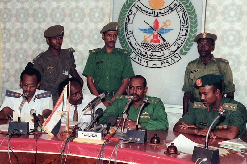 Al Bashir announces the formation of a new government on July 8, 1989 in Khartoum. He took power after toppling the civilian government of prime minister Sadiq Al Mahdi in a coup on June 30, 1989.