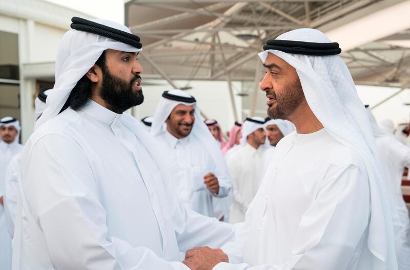 ABU DHABI, UNITED ARAB EMIRATES - February 19, 2018: HH Sheikh Mohamed bin Zayed Al Nahyan Crown Prince of Abu Dhabi Deputy Supreme Commander of the UAE Armed Forces (R), bids farewell to Sheikh Sultan bin Sehaim Al Thani, Leader of Qatar's opposition (L), after a meeting at a Sea Palace barza.
( Ryan Carter for the Crown Prince Court - Abu Dhabi )
---