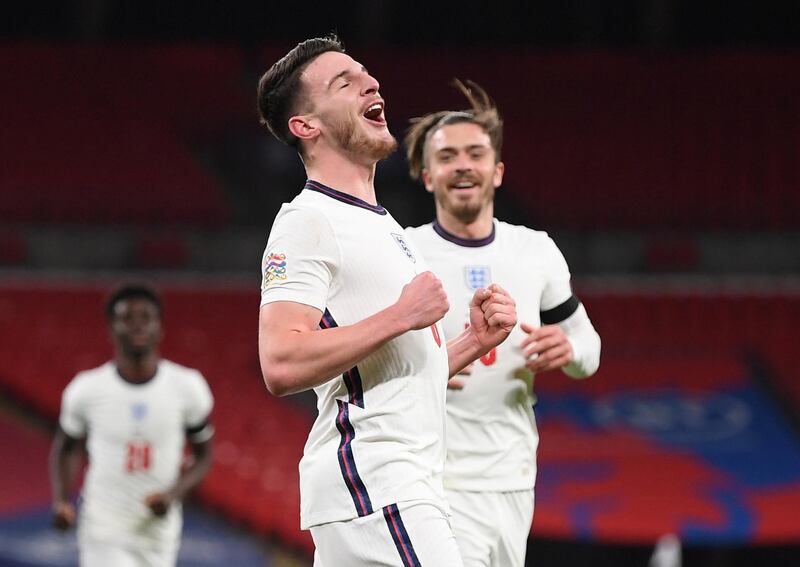 Declan Rice celebrates scoring the first goal against Iceland. Reuters