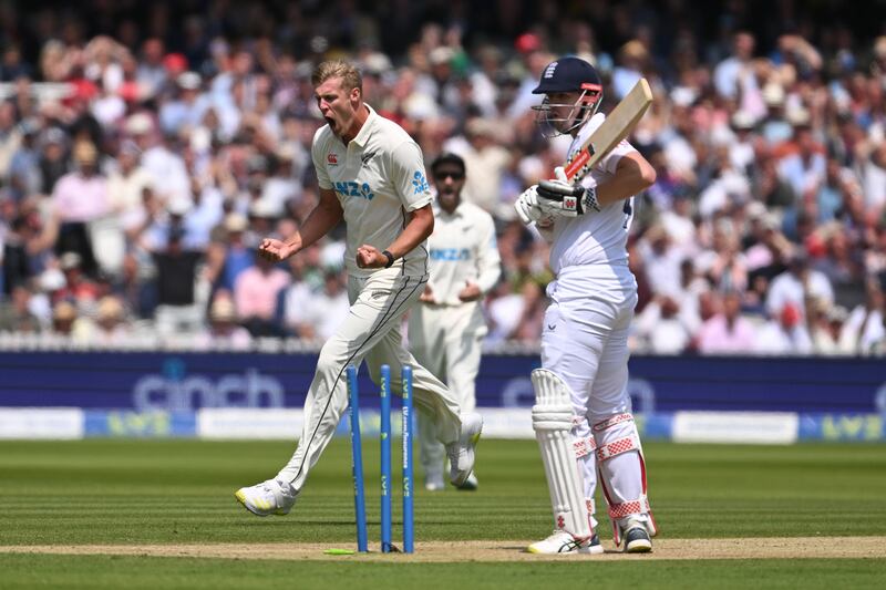  Kyle Jamieson celebrates after bowling England's Alex Lees. Getty