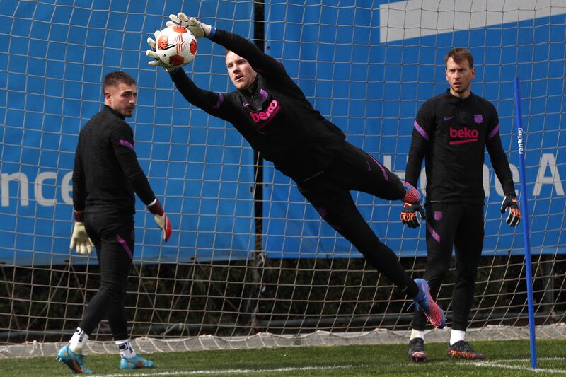 Barcelona goalkeepers Marc-Andre Ter Stegen, centre, Neto Murara, right, and Arnau Tenas. EPA 