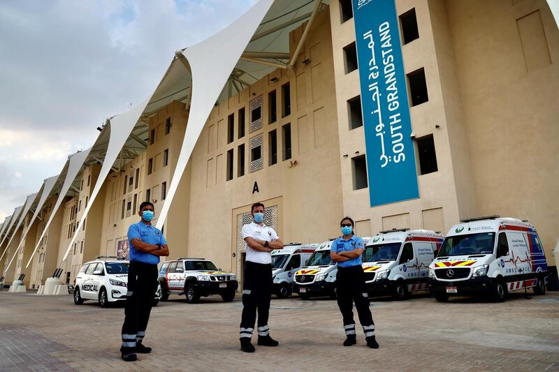 National Ambulance members stand outside Yas Marina Circuit's South Grandstand. National Ambulance