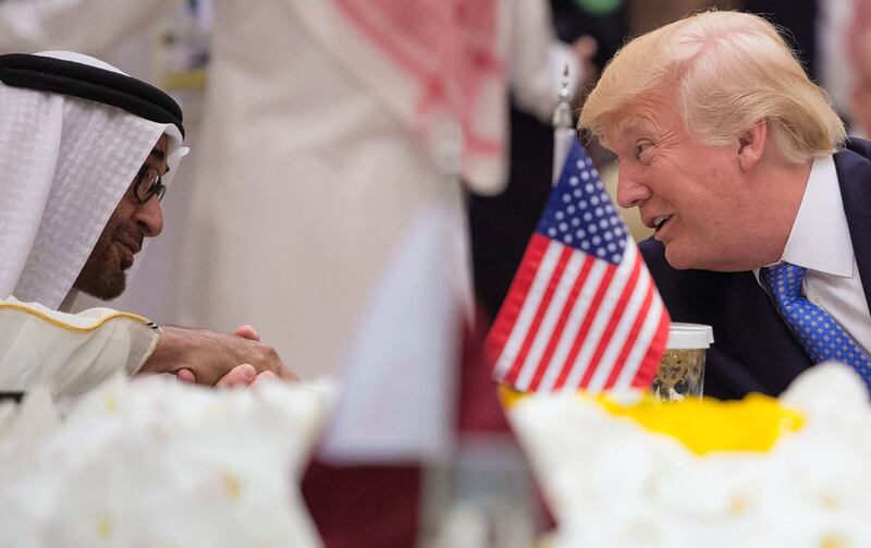 Sheikh Mohammed bin Zayed, Crown Prince of Abu Dhabi and Deputy Supreme Commander of the Armed Forces, chatting with US president Donald Trump during a meeting with leaders of the Gulf Cooperation Council at the King Abdulaziz Conference Center in Riyadh. Bandar Al Jaloud / AFP / Saudi Royal Palace
