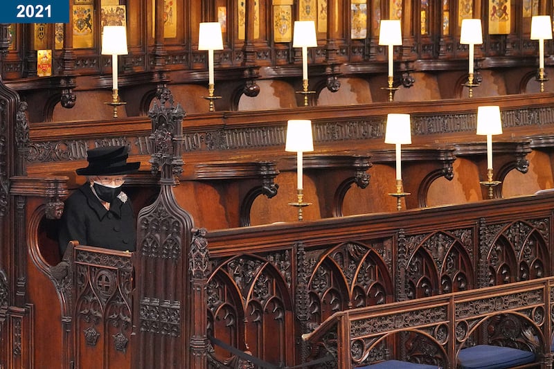 2021: The queen takes her seat at the funeral of Prince Philip, in St George's Chapel at Windsor Castle.