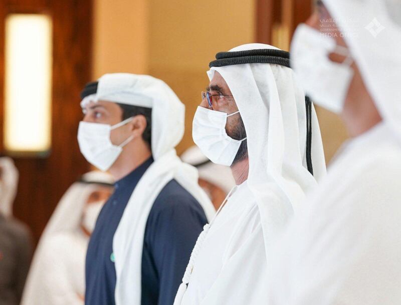 Sheikh Mohammed bin Rashid, Prime Minister and Ruler of Dubai, and Sheikh Mansour bin Zayed, Deputy Prime Minister and Minister of Presidential Affairs, launch the National Policy for Quality of Digital Life on Monday. Courtesy: Dubai Media Office