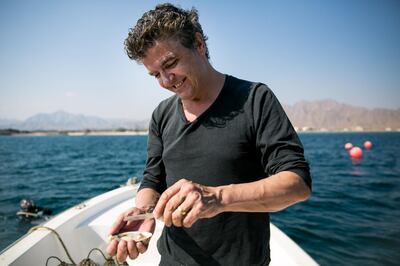 Chef Sean Connolly shucks an oyster from Dibba Bay, an oyster farm in Fujairah.