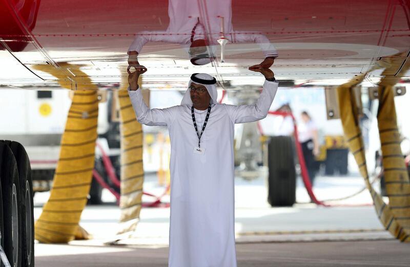 Dubai, United Arab Emirates - November 14th, 2017: A visitor under an A380 at the Dubai airshow. Tuesday, November 14th, 2017 at Al Maktoum Airport, Dubai. Chris Whiteoak / The National