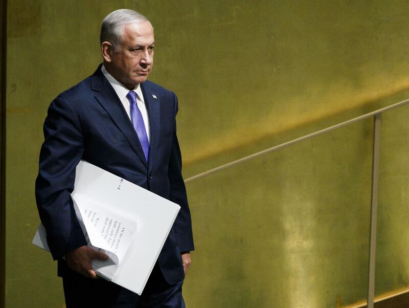 epa07051878 Israeli Prime Minister Benjamin Netanyahu arrives to address the General Debate of the 73rd session of the General Assembly of the United Nations at United Nations Headquarters in New York, New York, USA, 27 September 2018. The General Debate of the 73rd session began on 25 September 2018 and runs until 01 October 2018.  EPA/JUSTIN LANE