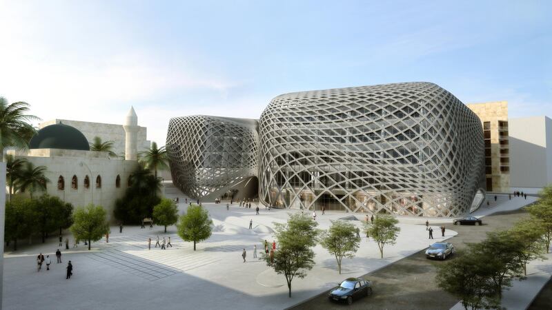 The finished design responds to the structure’s site and surroundings, specifically the historic area of Khan Antoun Bey, a former caravanserai, or rest stop for traders. Courtesy Zaha Hadid Architects