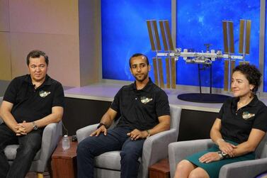 Hazza Al Mansouri, Russian roscosmonaut Oleg Skripochka and American Nasa astronaut Jessica Meir answer questions during a press conference in Houston, Texas, on Monday. Courtesy Mohammed bin Rashid Space Centre