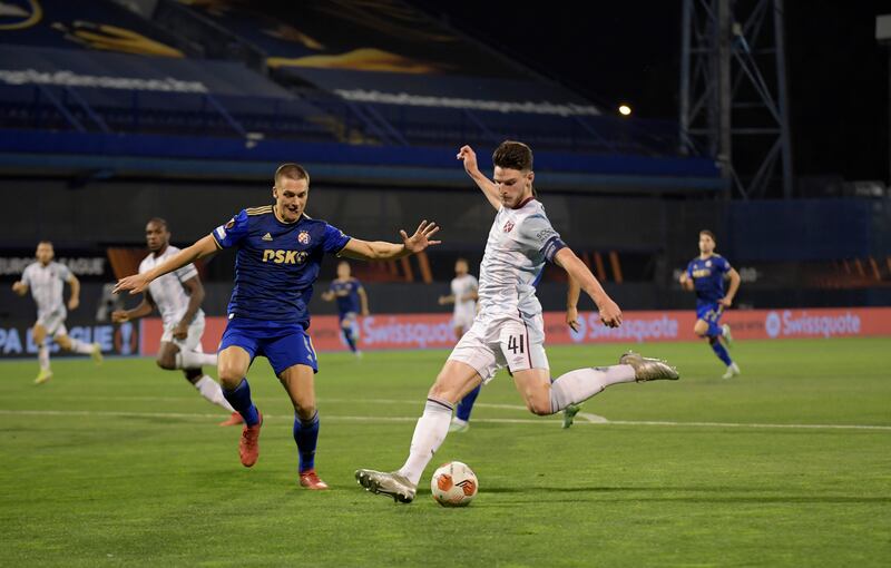 Declan Rice of West Ham scores their second goal in their Europa League away match against Dinamo Zagreb in Croatia on Thursday. Getty