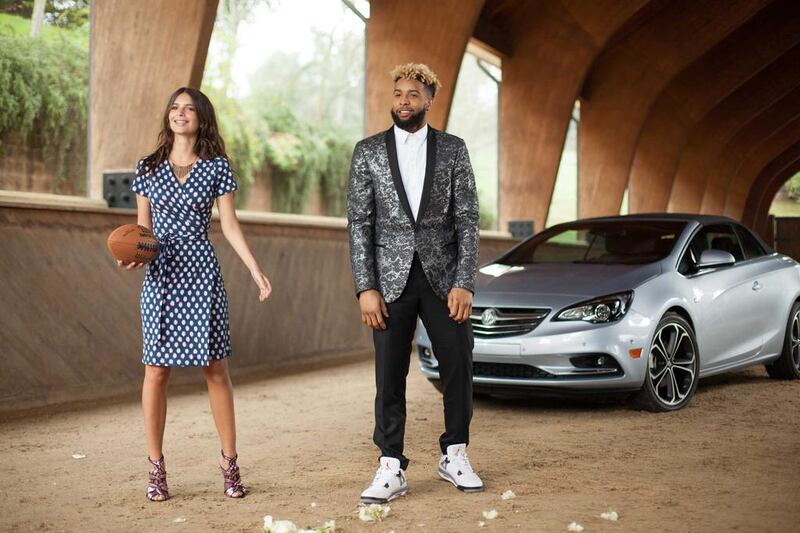 New York Giants player Odell Beckham Jr, right, with model-actress Emily Ratajkowski during the filming of a Buick Super Bowl ad. Douglas Birnbaum / Buick via AP