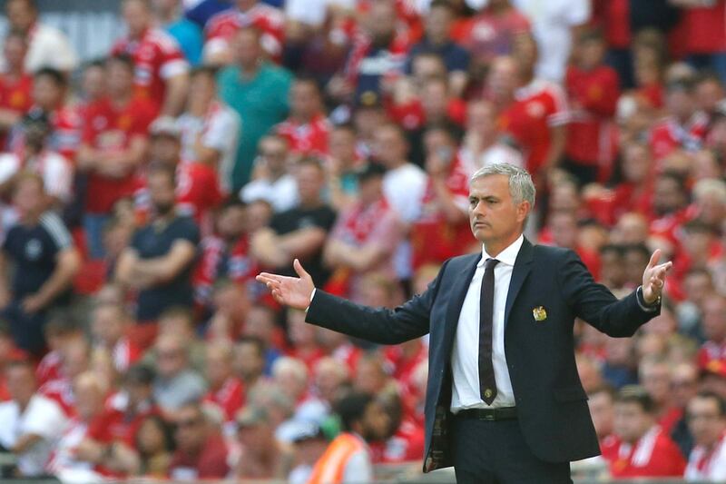 Manchester United's Portuguese manager Jose Mourinho gestures from the touchline during the FA Community Shield football match between Manchester United and Leicester City at Wembley Stadium in London on August 7, 2016.  / AFP PHOTO / Ian Kington / NOT FOR MARKETING OR ADVERTISING USE / RESTRICTED TO EDITORIAL USE