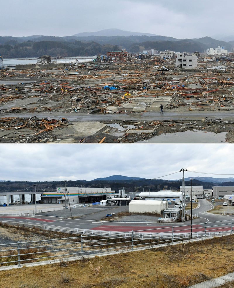 Top, the effects of the 2011 tsunami on the port town of Minamisanriku, Miyagi Prefecture; below, the same area nearly 10 years later. AFP