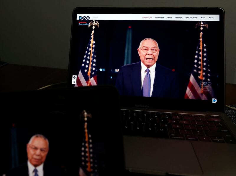 Former United States Secretary of State Colin Powell is displayed on a computer, as he speaks during the virtual Democratic National Convention, in New York City.  EPA