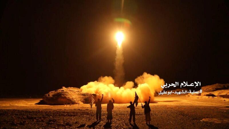 A photo distributed by the Houthi Military Media Unit shows the launch by Houthi forces of a ballistic missile aimed at Saudi Arabia March 25, 2018. Houthi Military Media Unit/Handout via Reuters ATTENTION EDITORS - THIS IMAGE HAS BEEN SUPPLIED BY A THIRD PARTY.