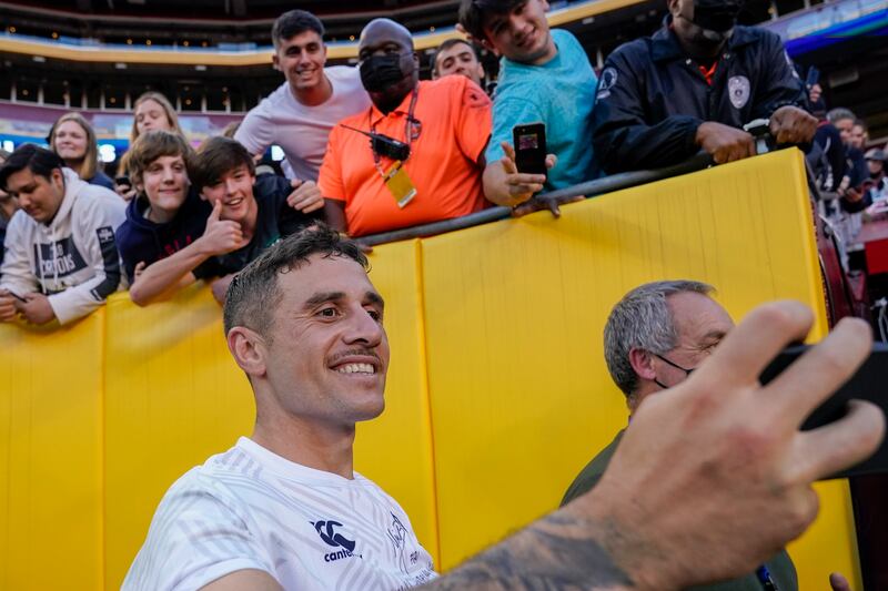 New Zealand's TJ Perenara takes a selfie with the crowd. AP Photo