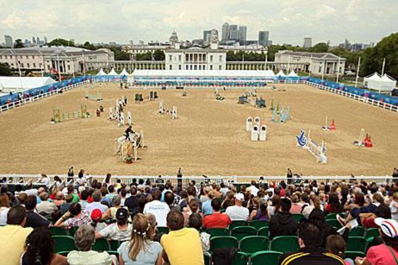Greenwich Park in London makes for a pretty backdrop as Italy's Claudia Cesarini navigates the show jumping section during the Modern Pentathlon World Cup Finals on Sunday.