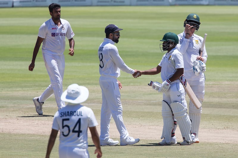 Indian captain Virat Kohli congratulates South Africa’s Temba Bavuma on hitting the winning runs in the third Test. AP