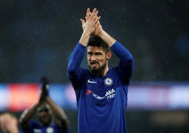 Soccer Football - Premier League - Manchester City vs Chelsea - Etihad Stadium, Manchester, Britain - March 4, 2018   Chelsea's Olivier Giroud applauds fans after the match     Action Images via Reuters/Carl Recine    EDITORIAL USE ONLY. No use with unauthorized audio, video, data, fixture lists, club/league logos or "live" services. Online in-match use limited to 75 images, no video emulation. No use in betting, games or single club/league/player publications.  Please contact your account representative for further details.