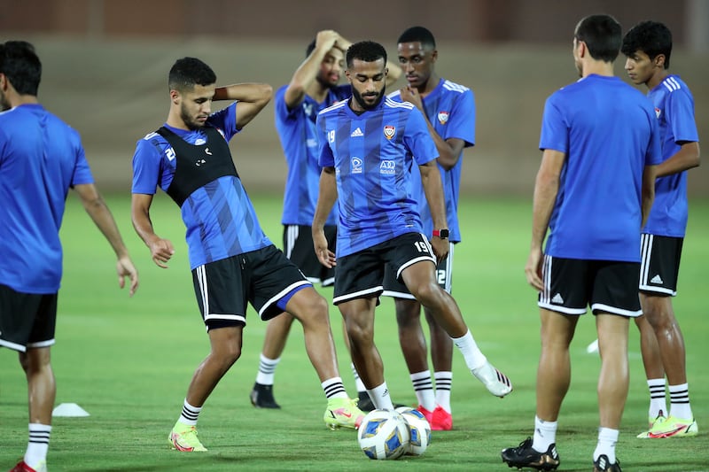 UAE national team players Ali Saleh and Tahnoun Al Zaabi take part in training before the World Cup qualifier against Lebanon at Zabeel Stadium in Dubai last September.