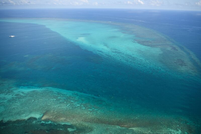 An aerial view of the mouth of the Chinese-controlled Scarborough Shoal after the Philippines removed barriers obstructing the passageway. AFP