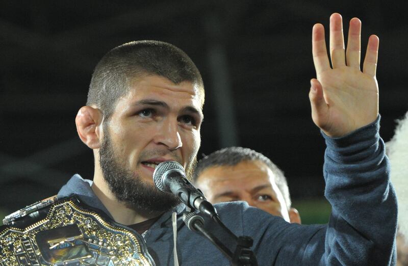 Russia's Khabib Nurmagomedov, UFC lightweight champion who defeated Conor McGregor of Ireland in the main event of UFC 229, speaks during the ceremony of honouring him at Anzhi Arena in Kaspiysk, a city in the republic of Dagestan, Russia October 8, 2018. Picture taken October 8, 2018. REUTERS/Said Tsarnayev