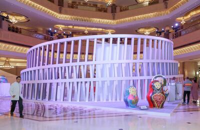 Abu Dhabi, United Arab Emirates, October 14, 2019.  
Giant Matryoshka Doll art works, also known as Babushka Dolls,  at the lobby of the Emirates Palace Hotel.
-- Installation inspired by Russian architect Vladimir Tatlin
Victor Besa / The National
Section:  NA
Reporter:  John Dennehy